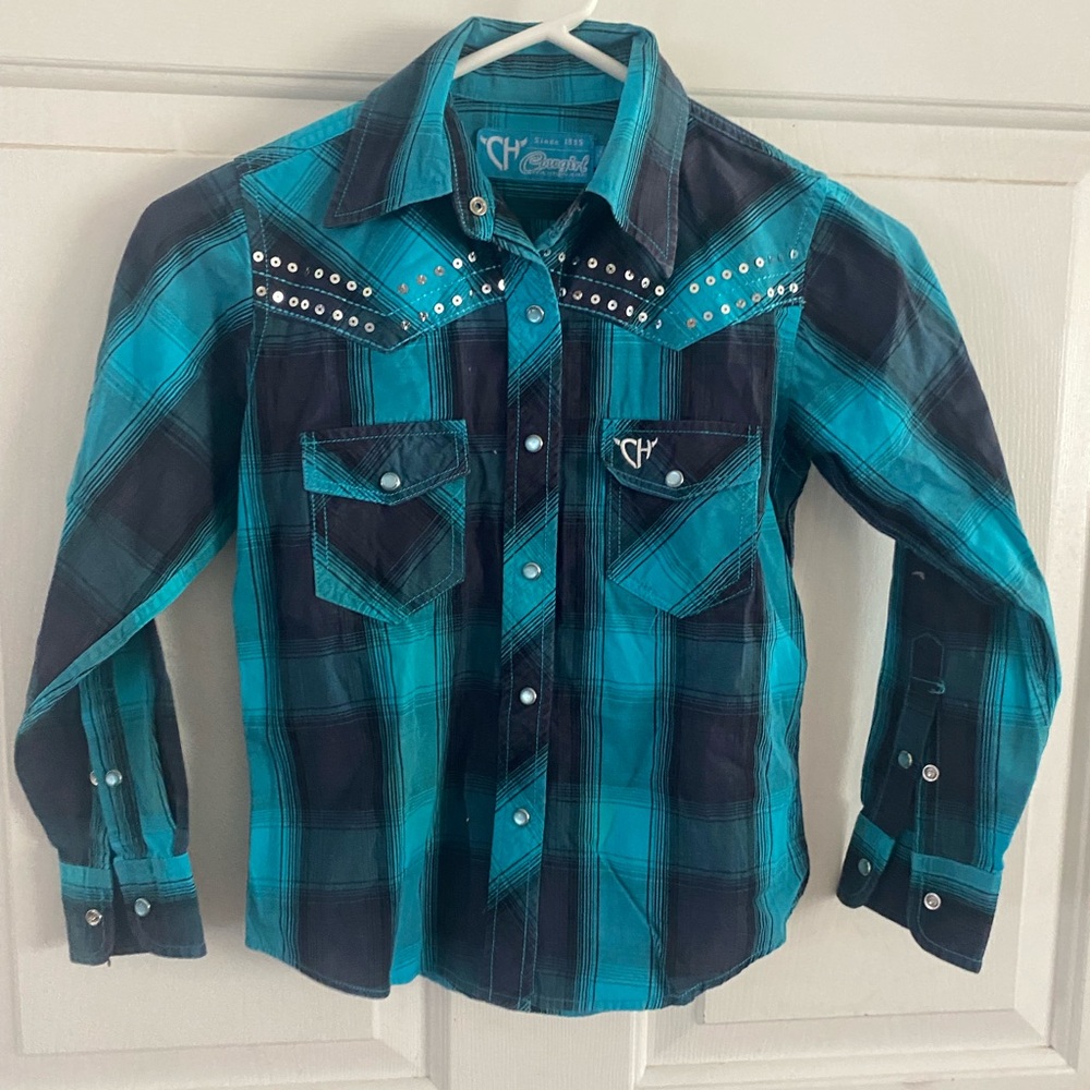 Cowgirl Hardware Teal Plaid Western Shirt with Stud Details